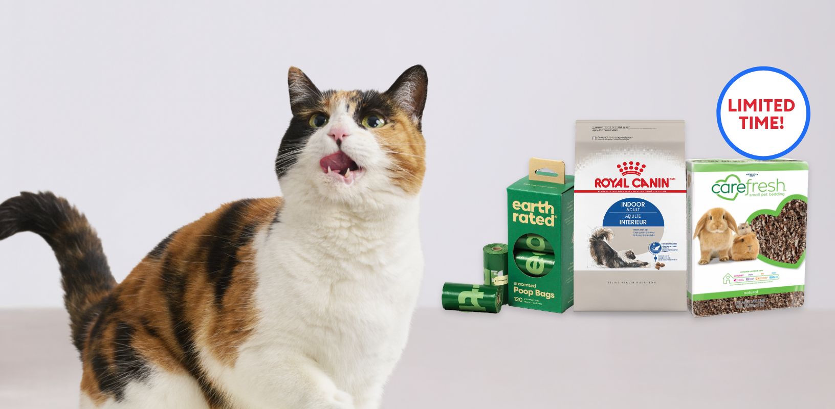 Limited time callout, a cat image and three packages of cat food