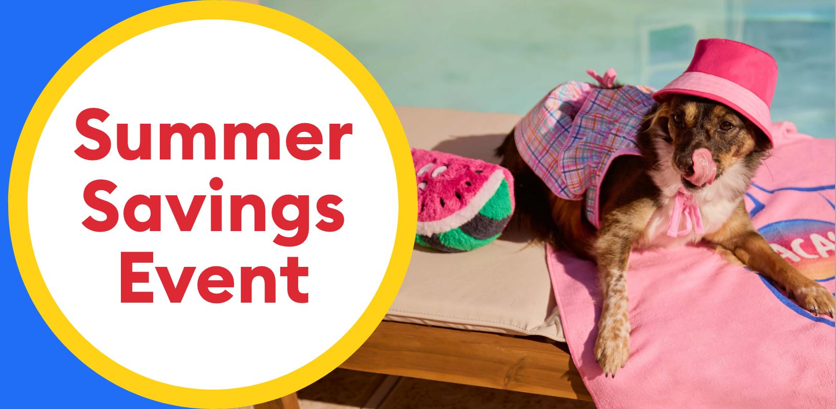 Summer Savings Event callout & a dog laying by the pool on a towel