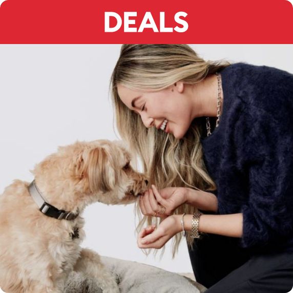 Pet parent feeding her dog a vitamin