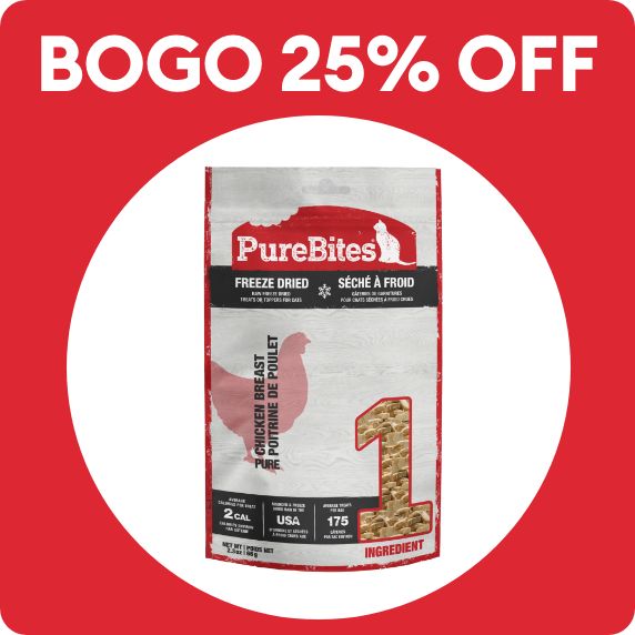 BOGO 25% off callout and a bag of cat treats