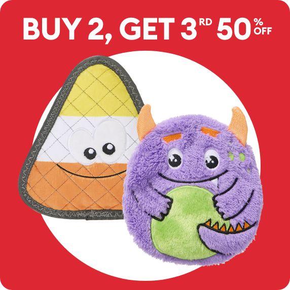 Buy 2, get 3rd 50% OFF callout and two dog toys