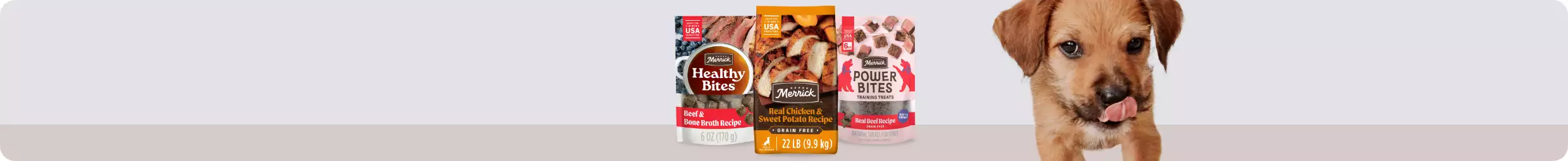 A dog image and three packages of Merrick products