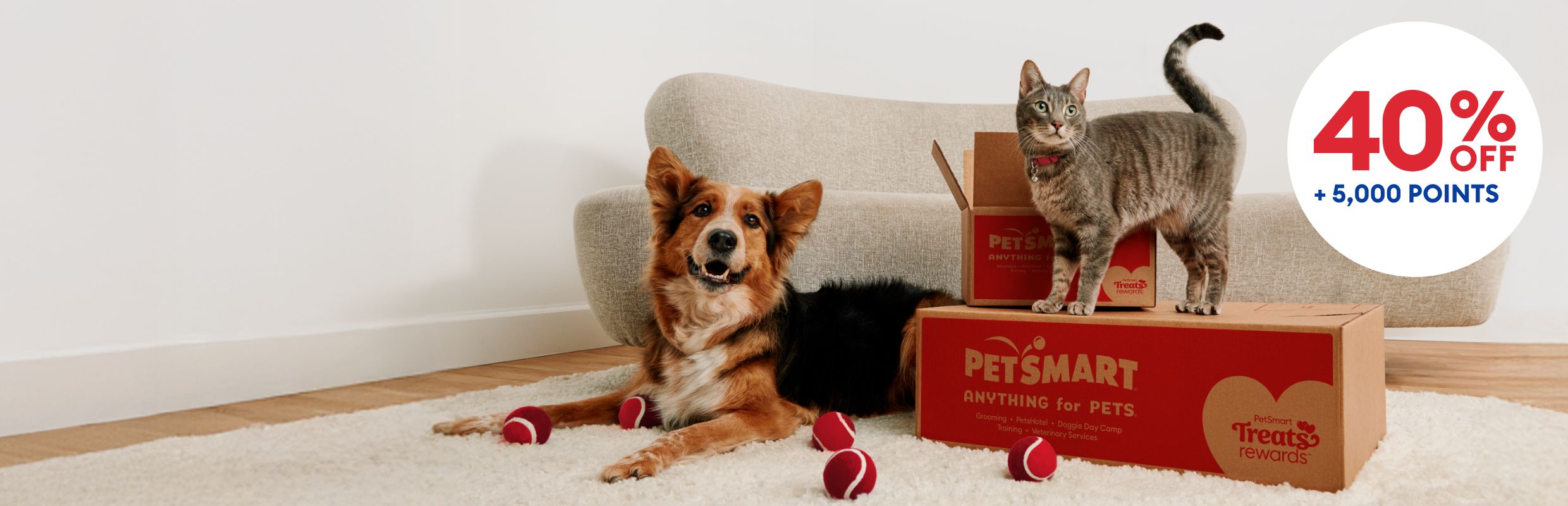 40% off + 5,000 points message and a dog & cat by two PetSmart boxes