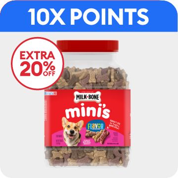 Container of Milk-Bone treats, 10X points callout & extra 20% off callout