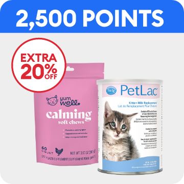 Two cat wellness products, 2,500 points callout & extra 20% off callout