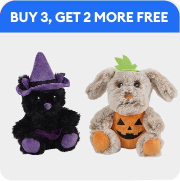 Two plush Halloween toys, buy 3, get 2 more free callout