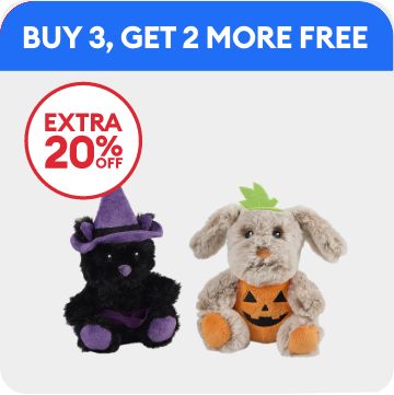 Two plush Halloween toys, buy 3, get 2 more free callout & extra 20% off callout