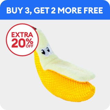 Toy banana, buy 3 get 2 more free callout & extra 20% off callout