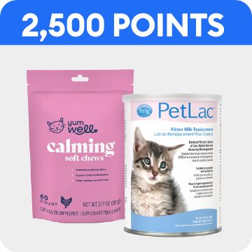 Two cat wellness products, 2,500 points callout