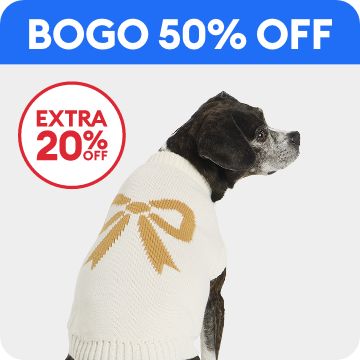 Dog wearing a sweater with a bow, BOGO 50% off callout & extra 20% off callout
