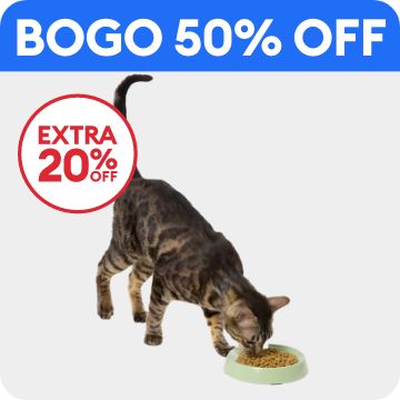 Cat eating out of a bowl, BOGO 50% off callout & extra 20% off callout