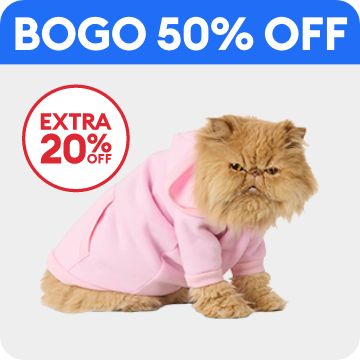 Cat wearing a pink hoodie, BOGO 50% off callout & extra 20% off callout