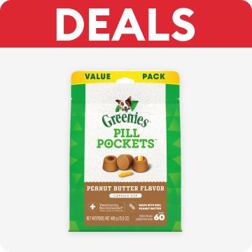 Deals callout & a package of Greenies Pill Pockets