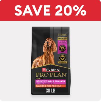 Save 20% text and a bag of Purina Pro Plan dog food