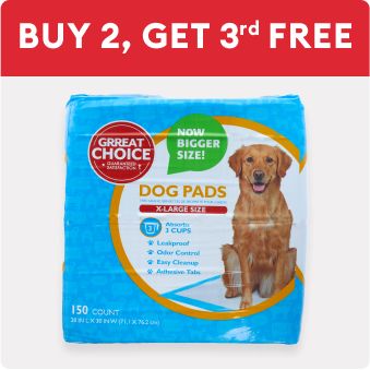Buy 2, get 3rd free text and a package of dog pads