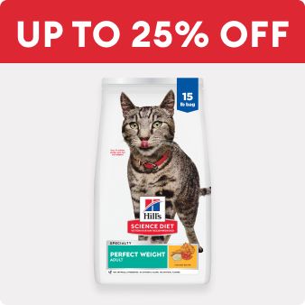 Up to 25% off text and a bag of Hill's Science Diet cat food