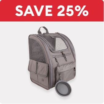 Save 25% text and a travel backpack