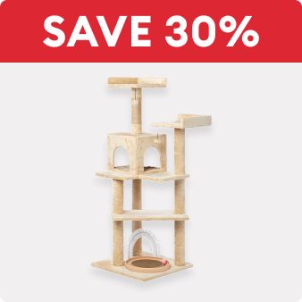 Save 30% text and a cat tower