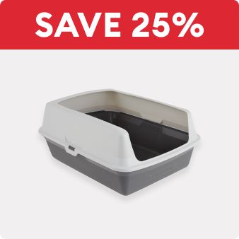 Save 25% text and an open litter box