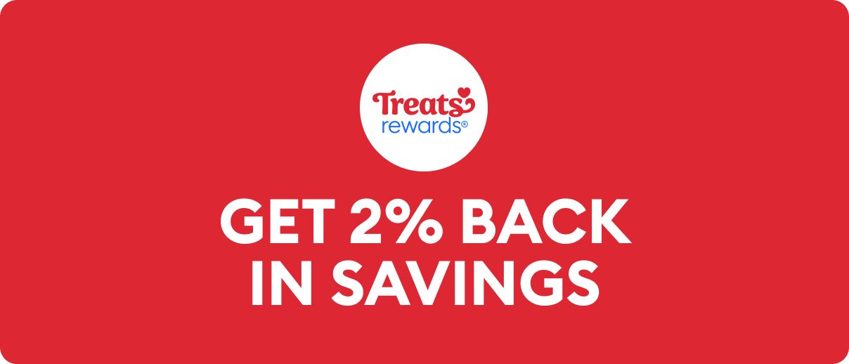 Image with Treats Rewards Logo and white text indicating 2% back in savings
