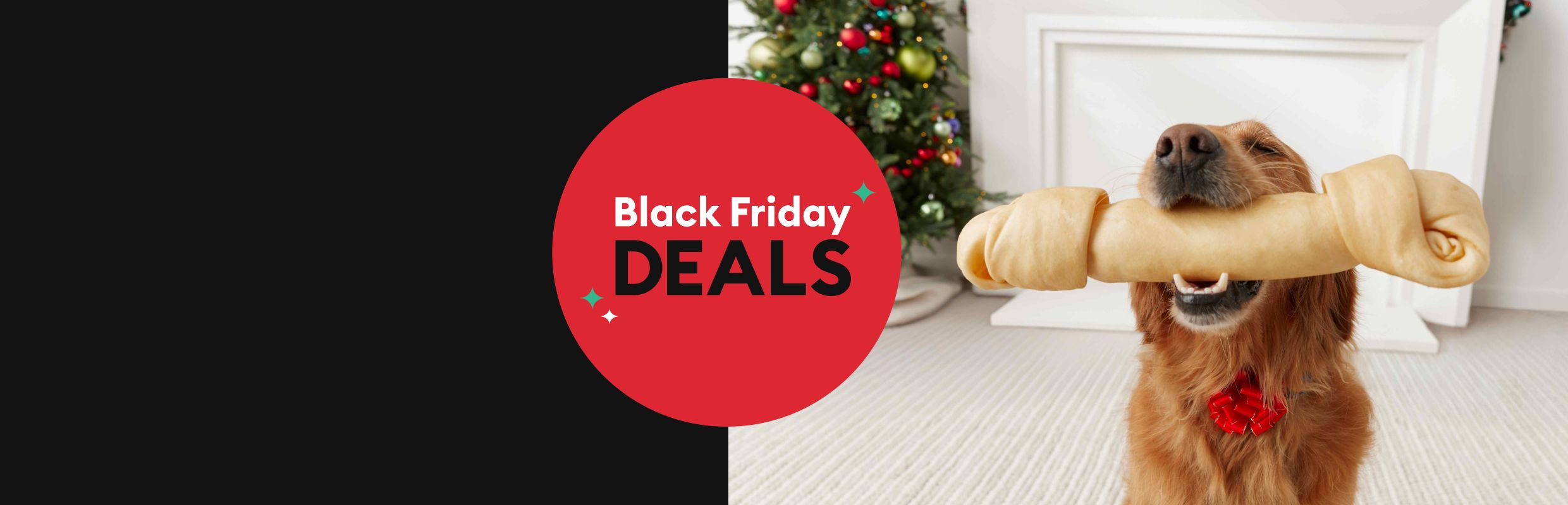 Black Friday Deals text in a red circle and a dog holding a large bow in their mouth