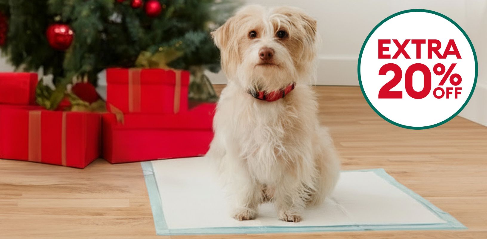 Extra 20% OFF callout & a dog sitting on a disposable dog pad