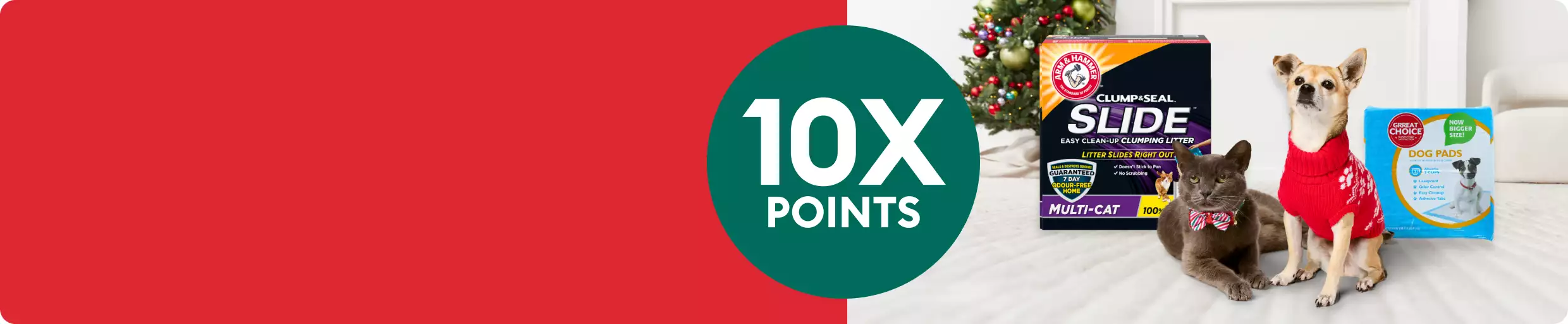 10X points callout & a dog & cat next to dog pads & litter