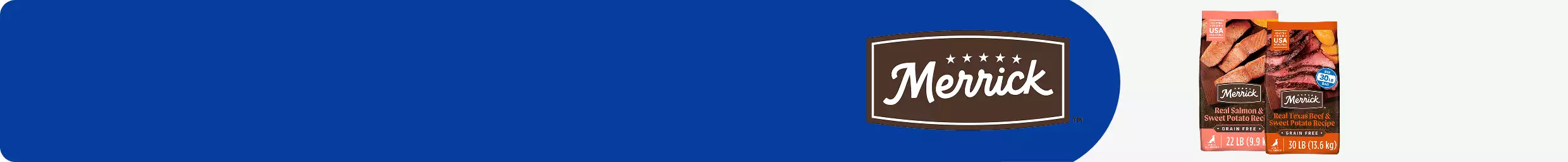 Merrick logo & two bags of dog food