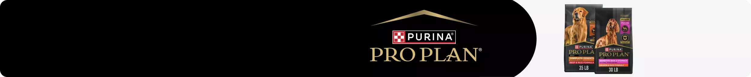 Purina Pro Plan logo & two bags of dog food