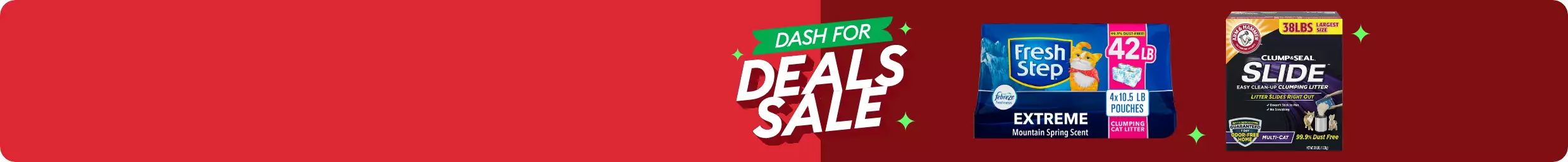 Dash for Deals text; cat litter assortment