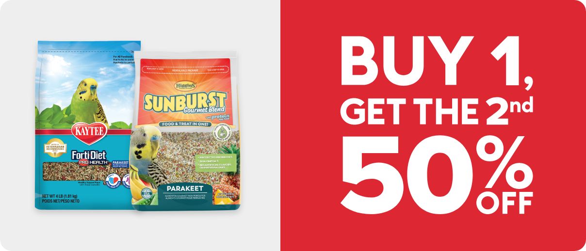 Buy 1, get the 2nd 50% OFF text; parakeet food