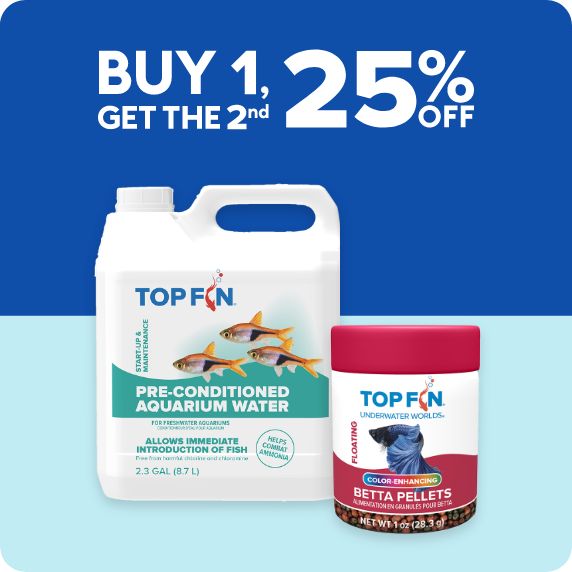 Buy 1, get 2nd 25% OFF text; Top Fin food and water care