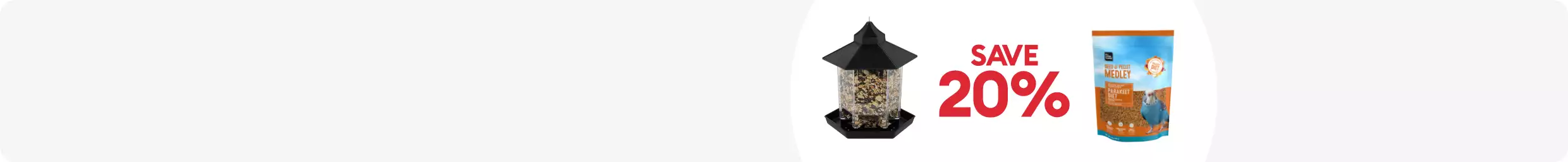 A light gray banner featuring "SAVE 20% on All Living Things food & accessories, thru 4/20" & images of a bird seed feeder & bag of seeds