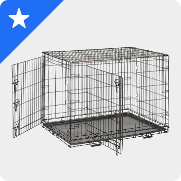 White star graphic on a blue background & a wire crate