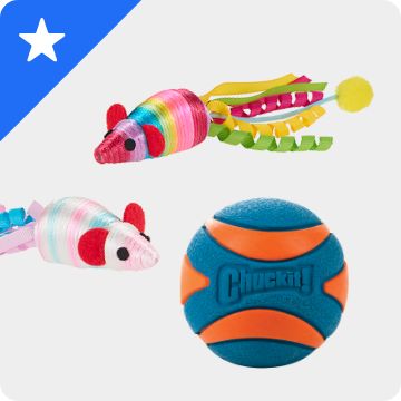 White star graphic on a blue background & 3 toys