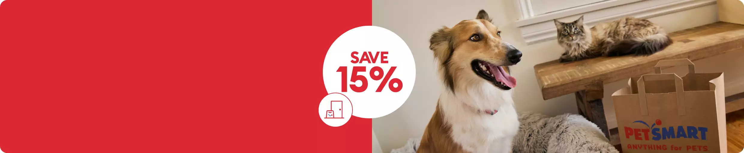 Save $10 callout, Same-Day Delivery icon & a dog sitting on a bed & a cat laying on a bench near a PetSmart shopping bag