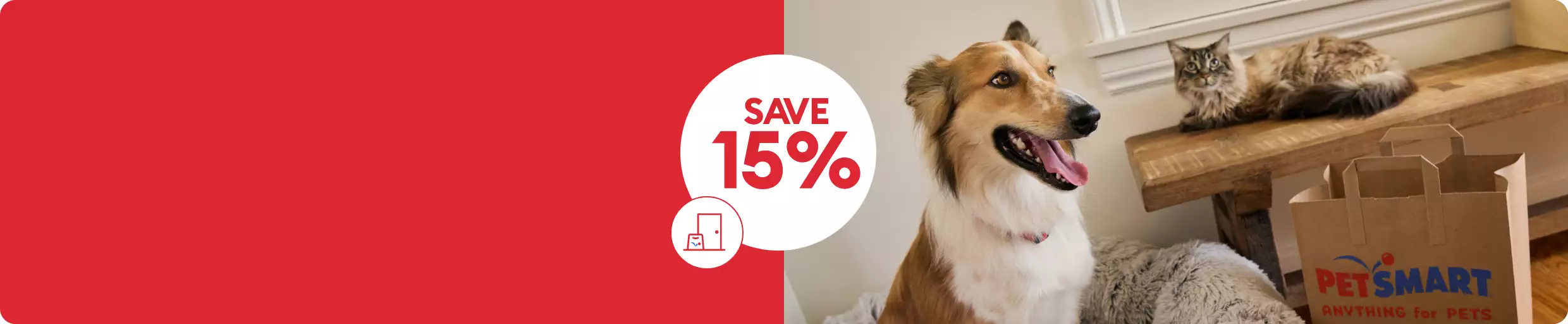 Save 15% callout, Same-Day Delivery icon & a dog sitting on a bed & a cat laying on a bench near a PetSmart shopping bag