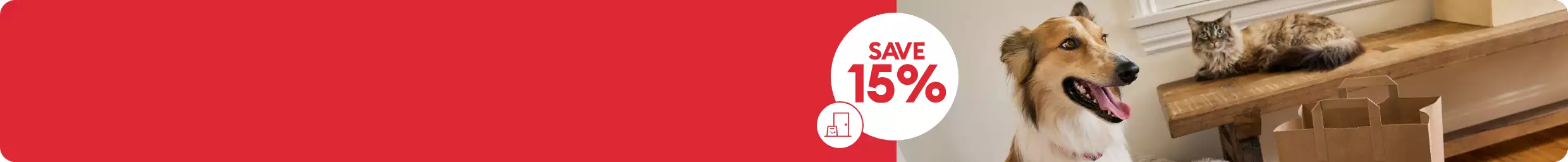 Save 15% callout, Same-Day Delivery icon & a dog sitting on a bed & a cat laying on a bench near a PetSmart shopping bag