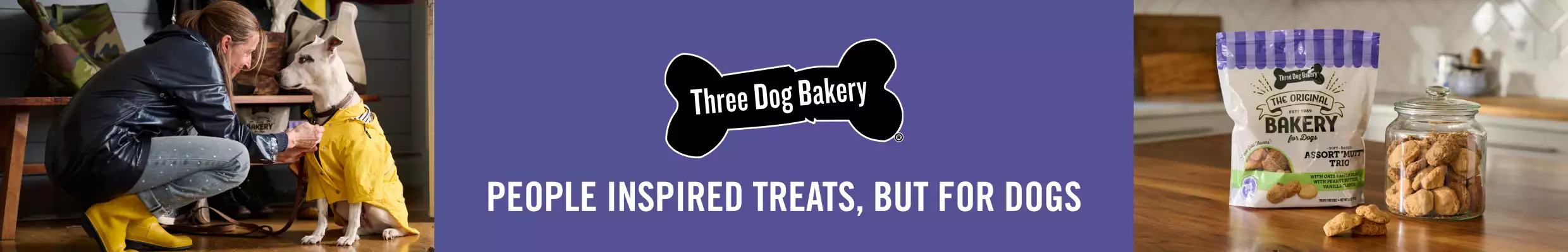 Dog with person with 3 Dog Bakery People Inspired Treats, But For Dogs text