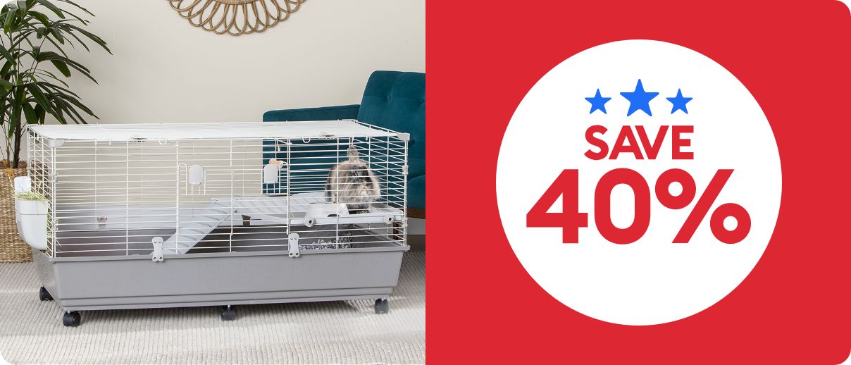Save 40% callout, blue star graphics and a small pet habitat