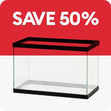 Save 50% callout and an open-glass aquarium
