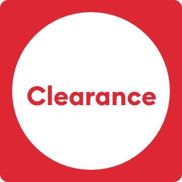 Clearance title in red on white circle backround