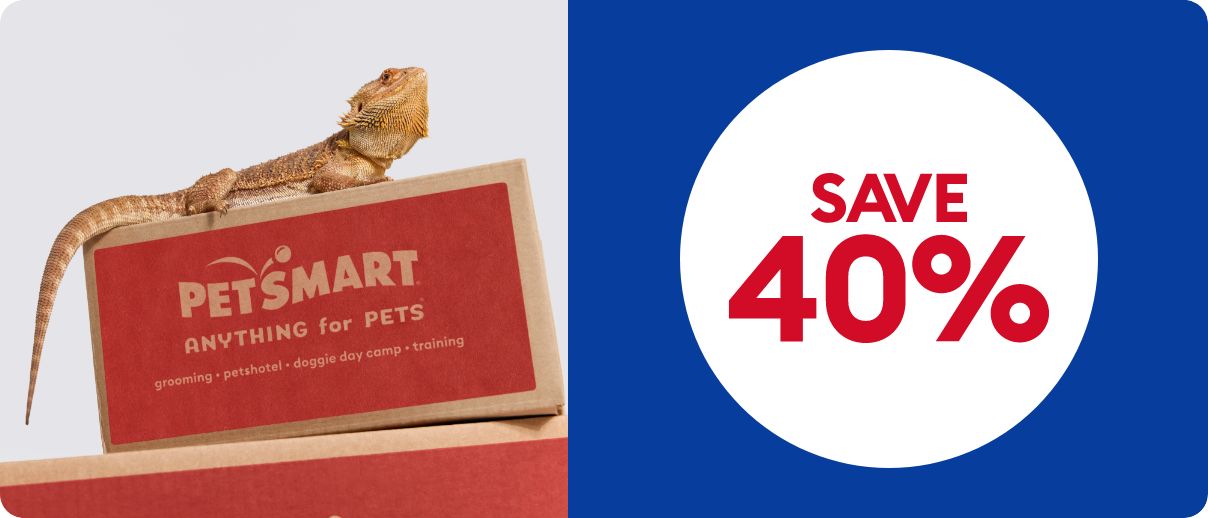 Save 40% callout and a Bearded Dragon on a PetSmart box