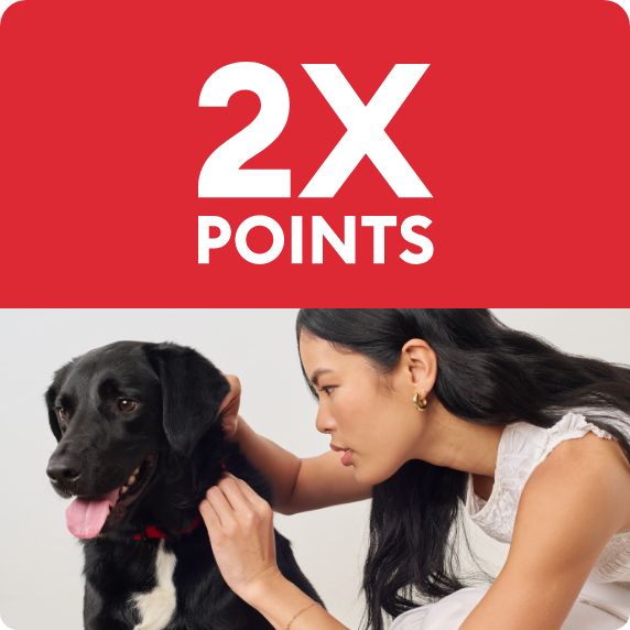 2X points callout and a pet parent checking their dog's fur