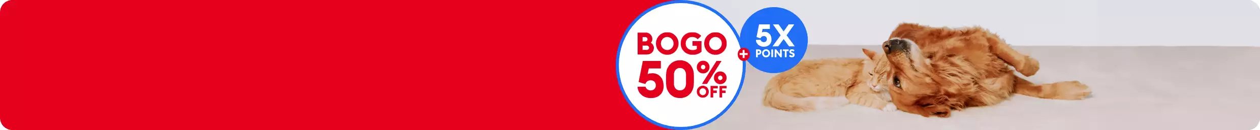 BOGO 50% OFF callout, 5X points callout and a cat & dog laying together