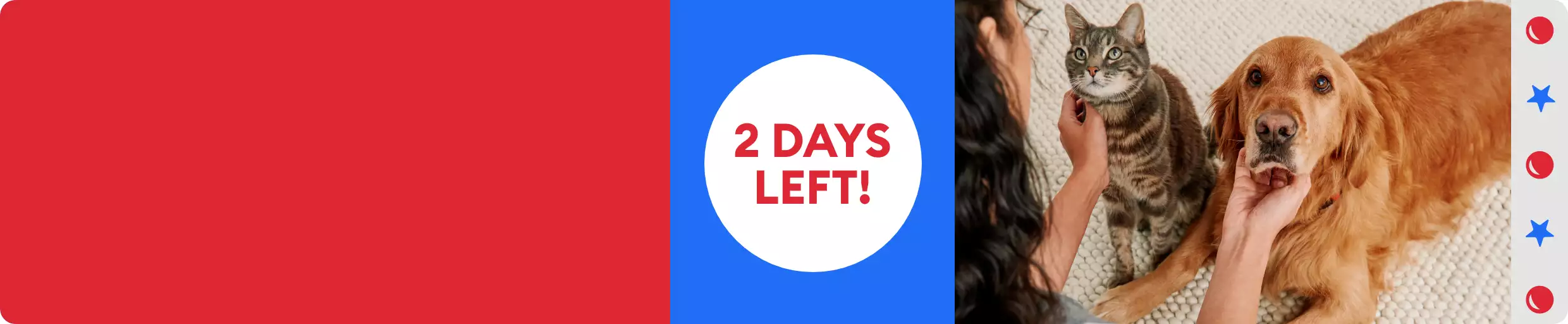 2 days left message, a woman petting a cat & a dog and red ball & blue star graphics on a gray background