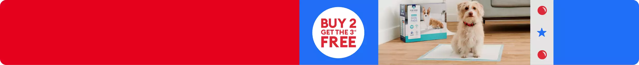 Buy 2, get the 3rd FREE callout, Top Paw disposable pads & a dog sitting on a pad