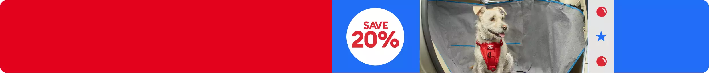 Save 20% callout & a dog in a travel carrier