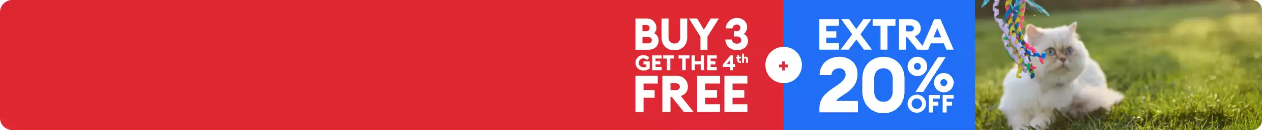 Buy 3, get the 4th FREE plus extra 20% off callout & a cat outside with a teaser