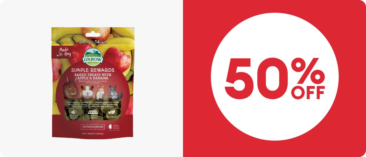 Oxbow small pet baked treats & 50% OFF callout
